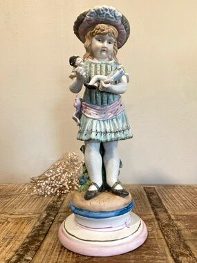 Vintage Ceramic Girl Holding Beheaded Doll Mantel Statue 16” Tall Pastel Colors